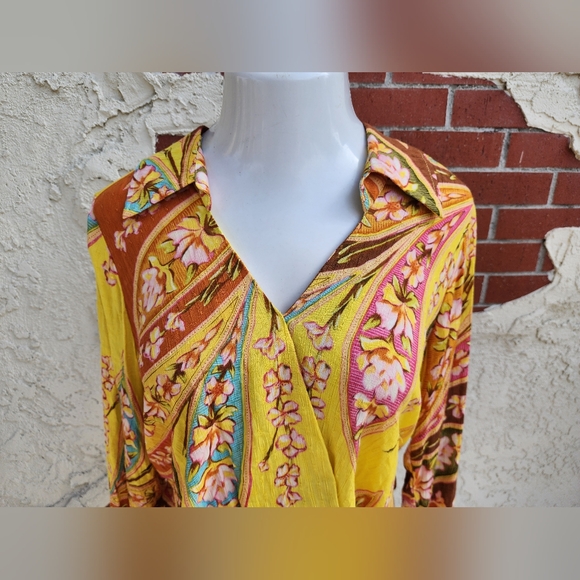 MEDIUM HAUTE HIPPIE faux wrap yellow floral boho collar crop shirt pullover - Picture 10 of 16